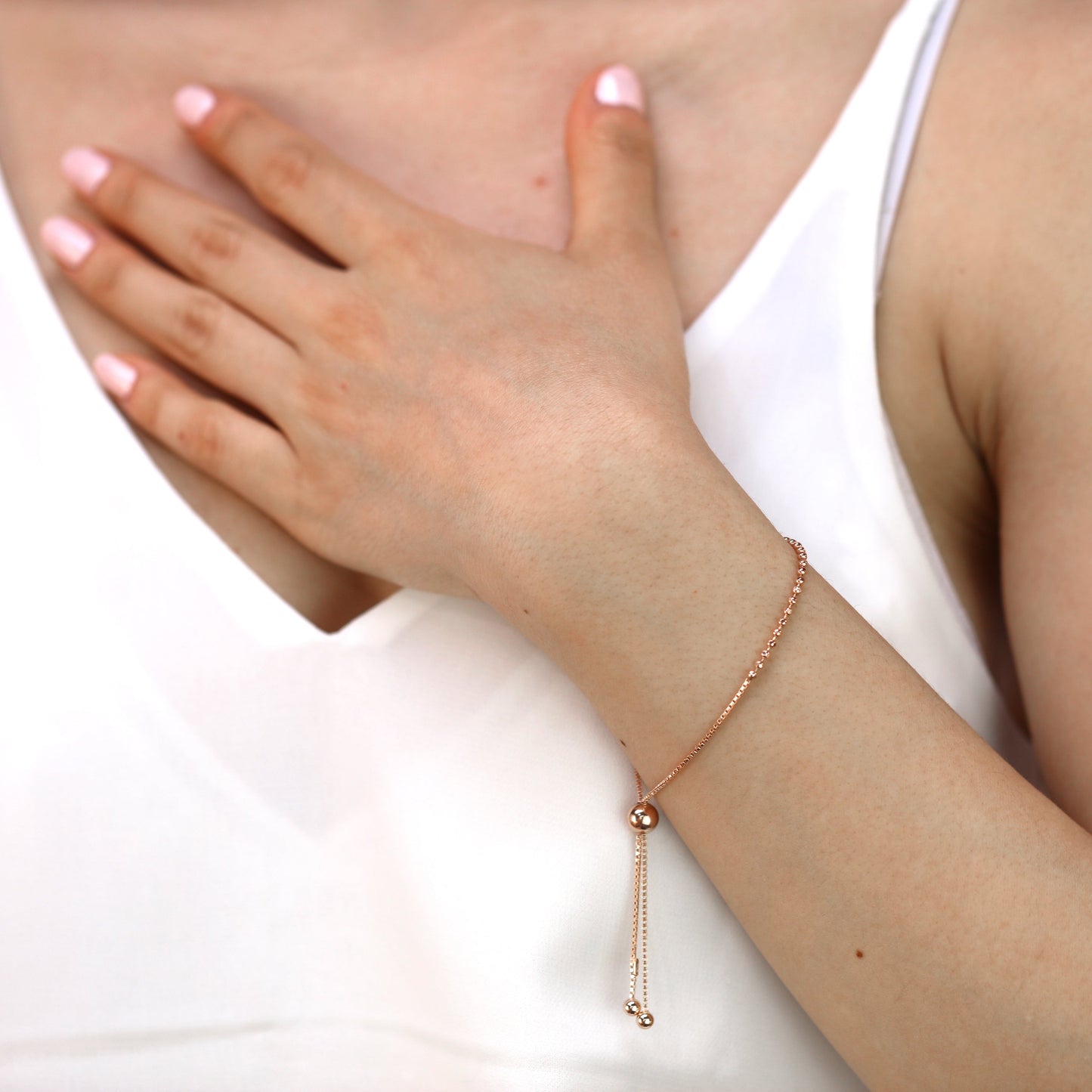 Rose Gold Plated Sterling Silver Adjustable Thin Bead Bracelet