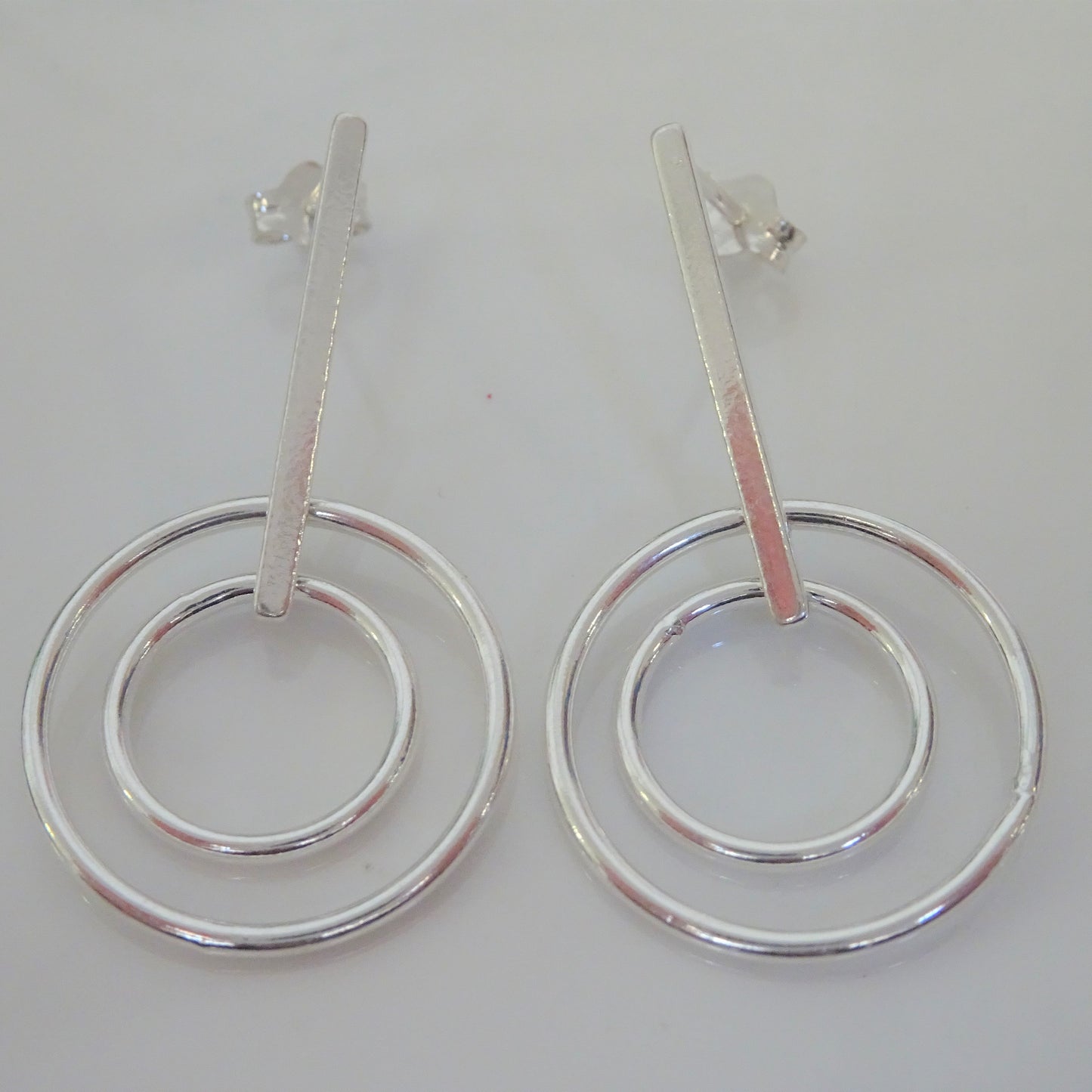 Sterling Silver Bar & Circles Drop Stud Earrings