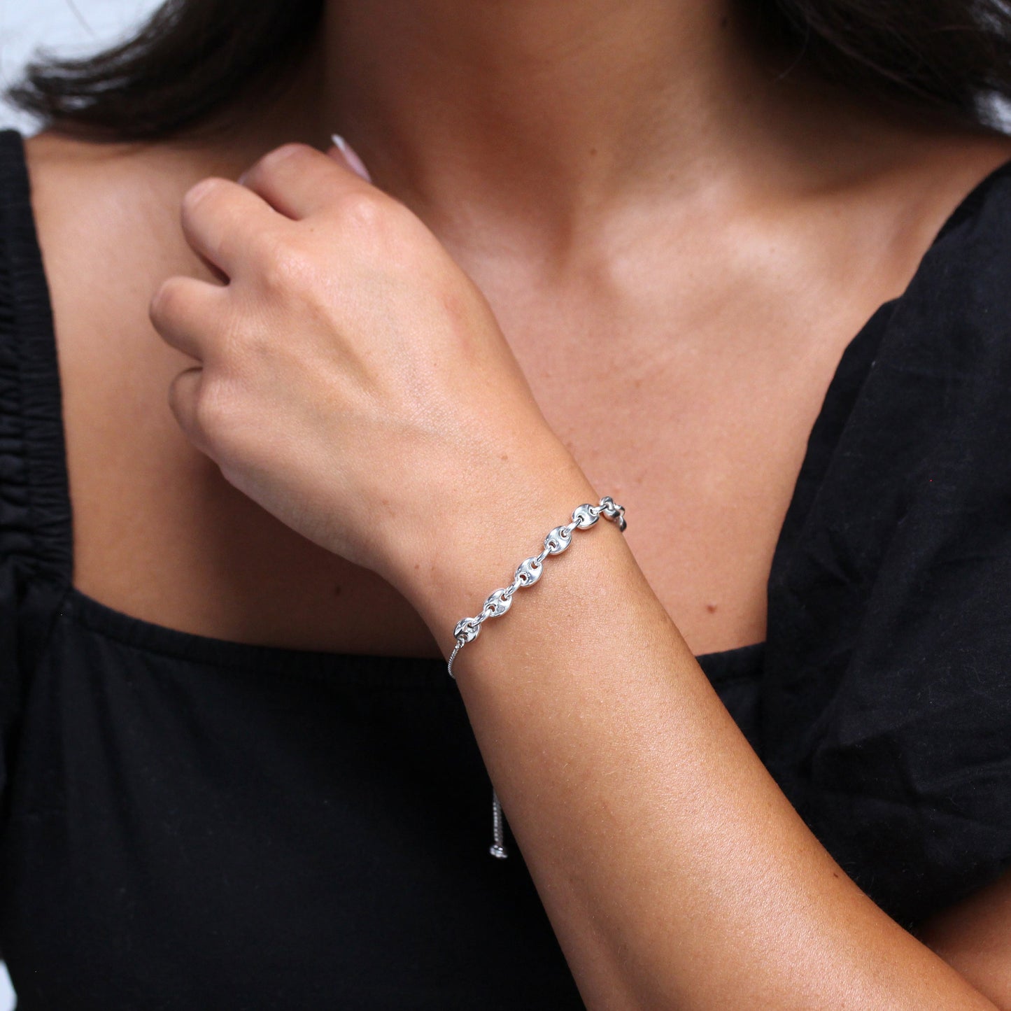 Sterling Silver Adjustable 10 Inch Bracelet w Box Chain & Beads