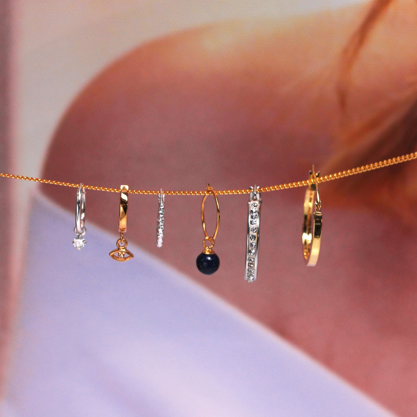 Gold Plated Sterling Silver Lapis Ball 11mm Charm Hoop Earrings