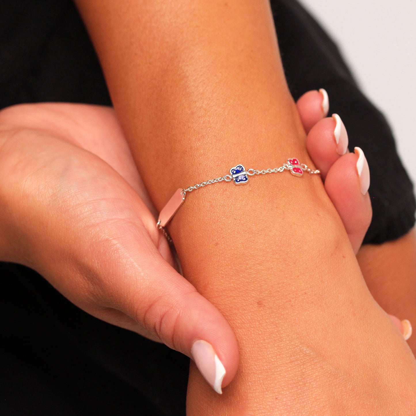 Sterling Silver & Coloured Enamel Butterflies Ladies ID Bracelet 7 Inches