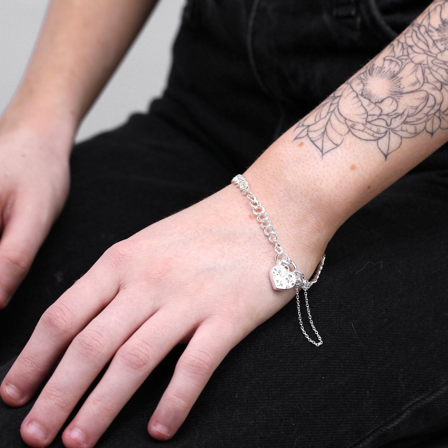 Sterling Silver Double Curb Chain Charm Bracelet with Heart Padlock 6 Inches - 8 Inches