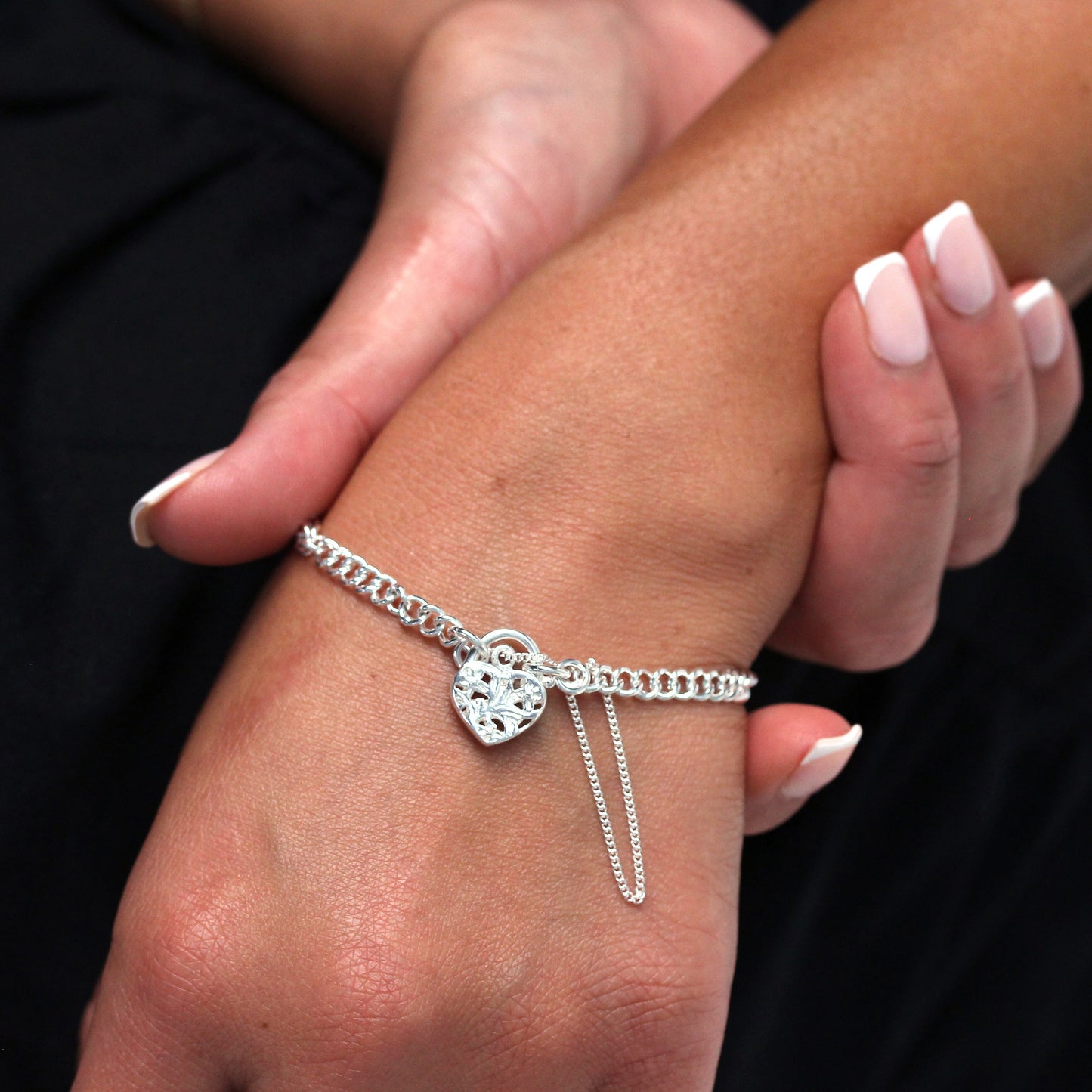 Sterling Silver Curb Chain Charm Bracelet with Heart Padlock 6 Inches - 8 Inches