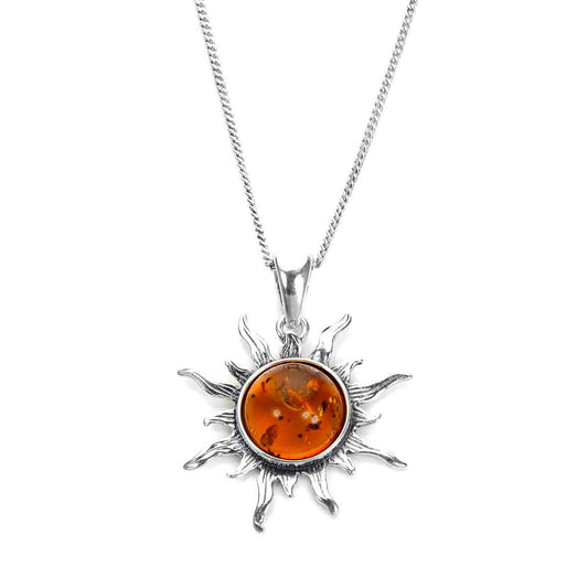 Sterling Silver & Baltic Amber Flaming Sun Pendant - 16 - 22 Inches