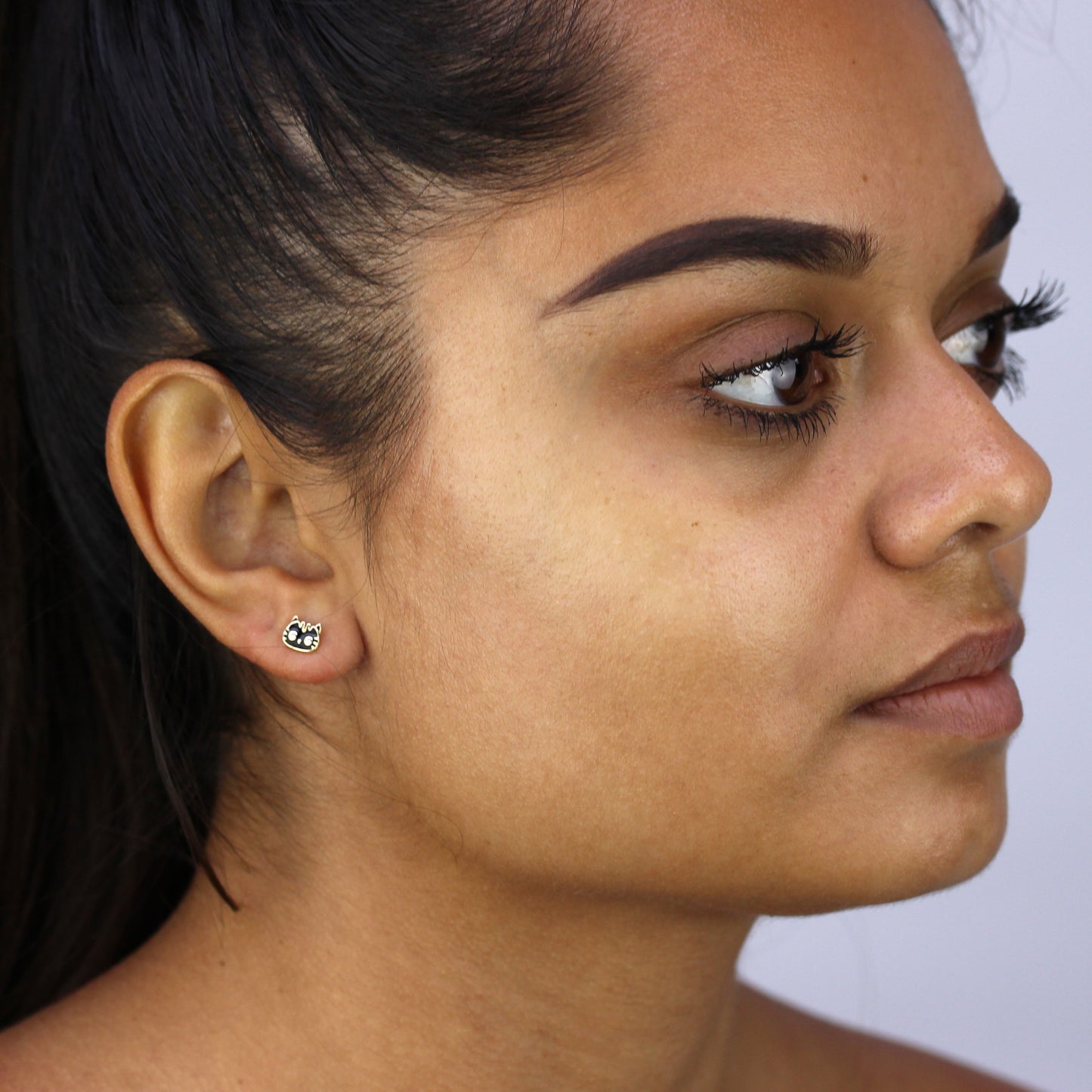 9ct Gold Black Enamel & Clear CZ Crystal Cat Face Stud Earrings