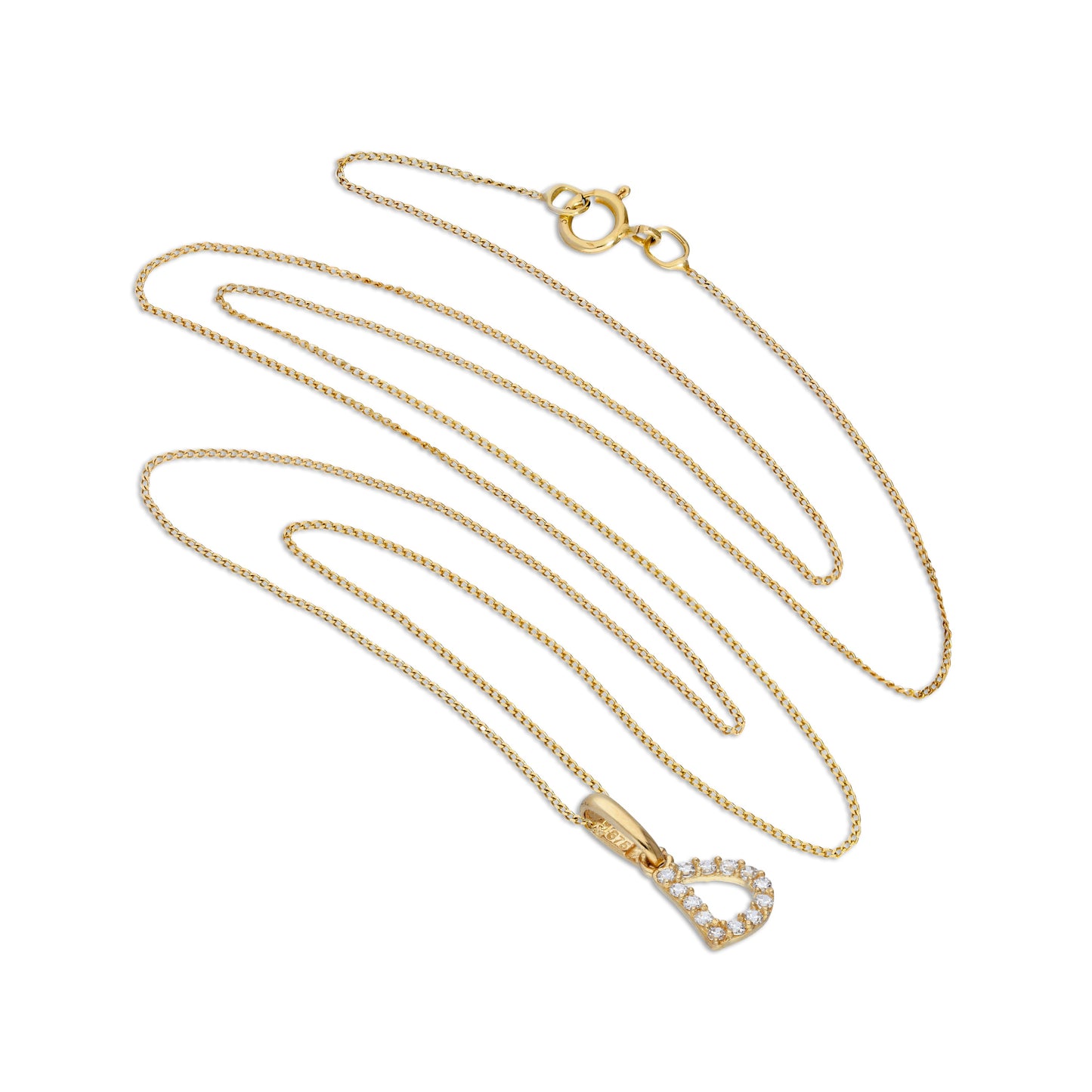 9ct Gold & Clear CZ Crystal Hanging Script Alphabet Letter D Pendant on 16 - 20 Inches Chain