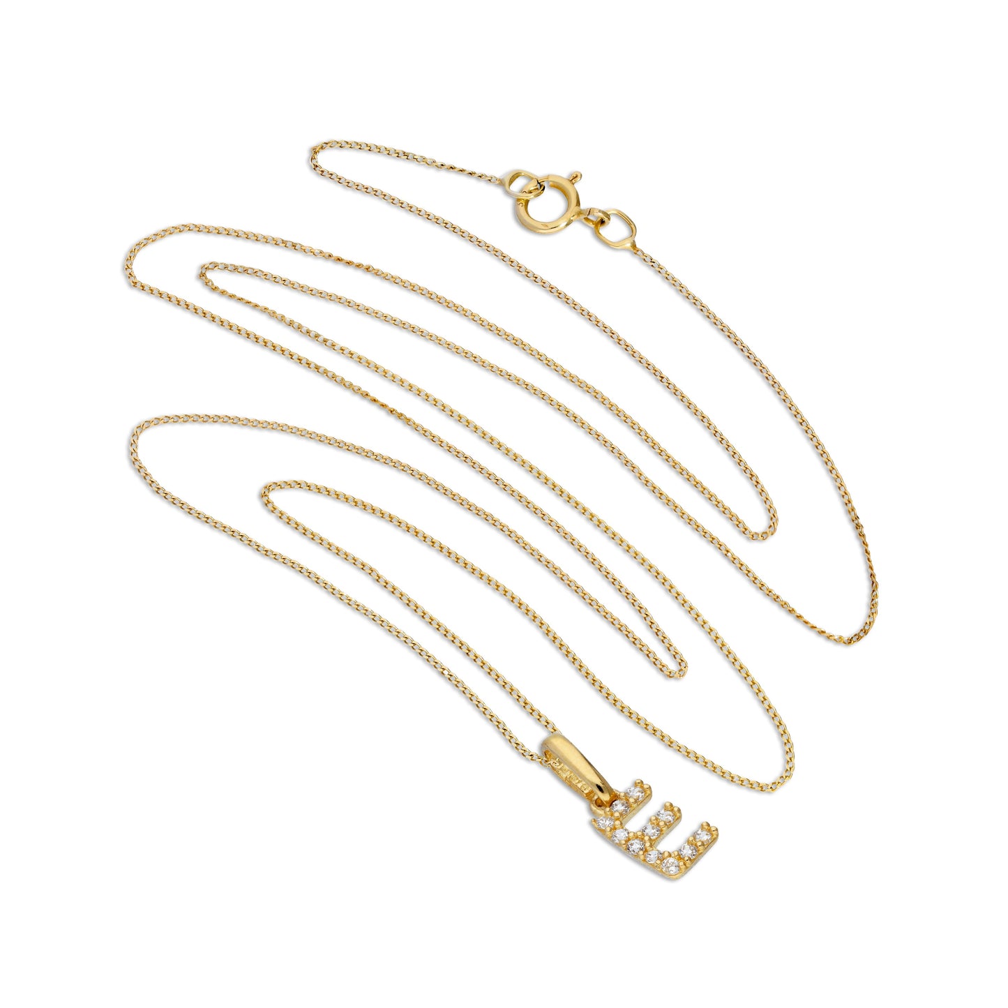 9ct Gold & Clear CZ Crystal Hanging Script Alphabet Letter E Pendant on 16 - 20 Inches Chain