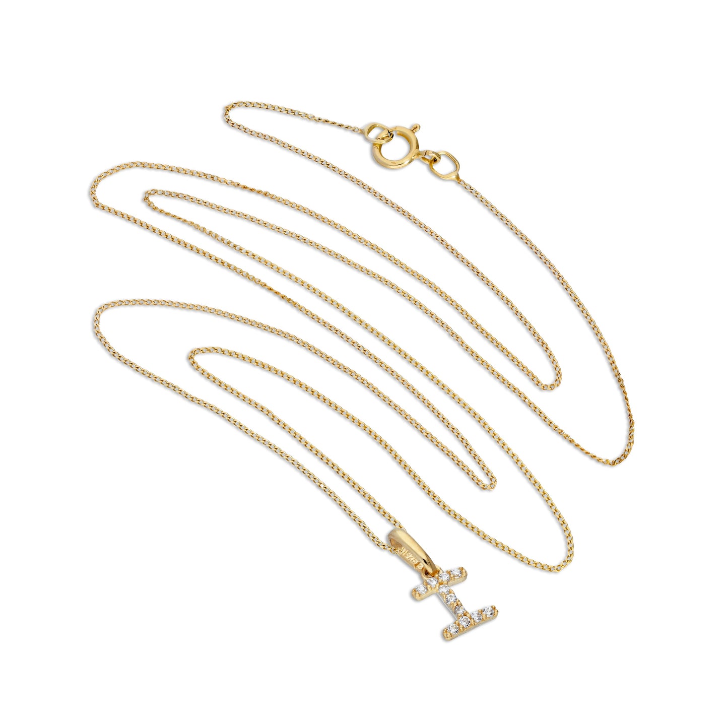 9ct Gold & Clear CZ Crystal Hanging Script Alphabet Letter I Pendant on 16 - 20 Inches Chain
