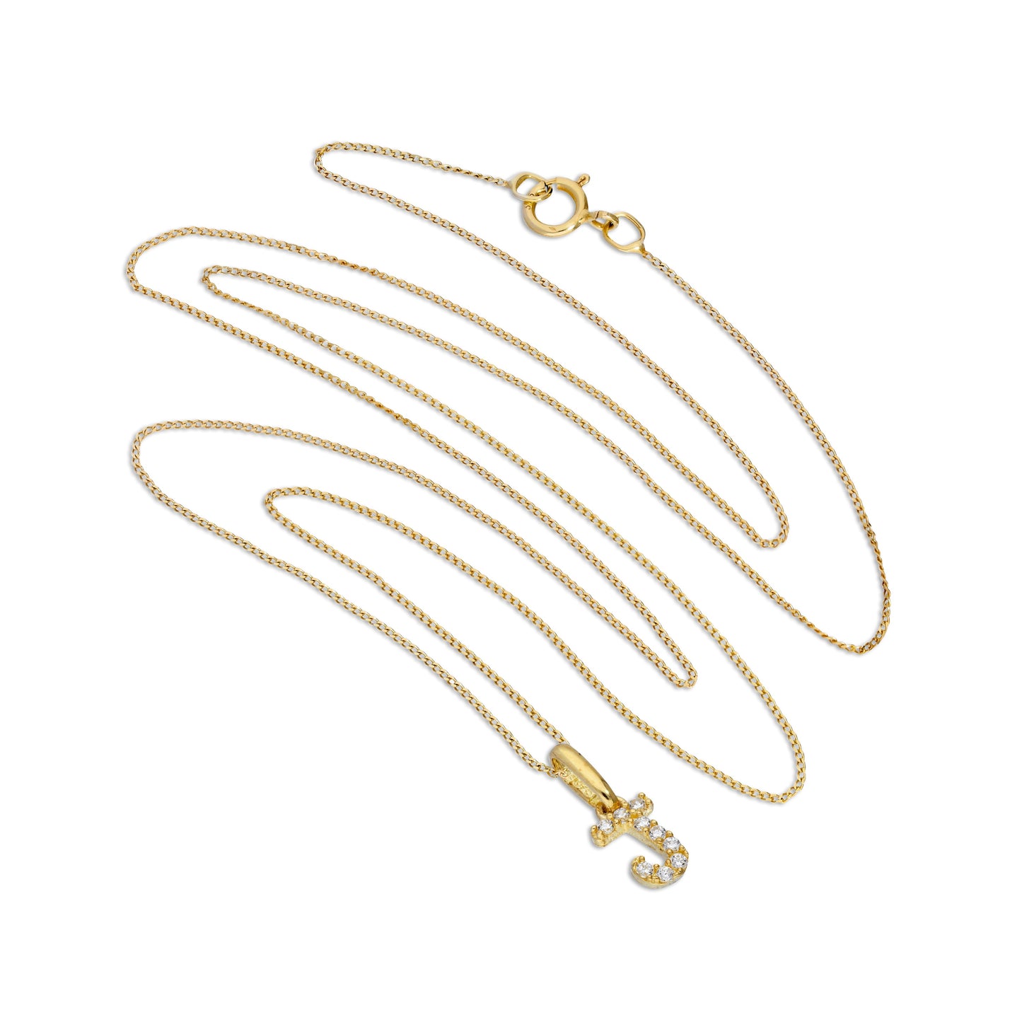 9ct Gold & Clear CZ Crystal Hanging Script Alphabet Letter J Pendant on 16 - 20 Inches Chain