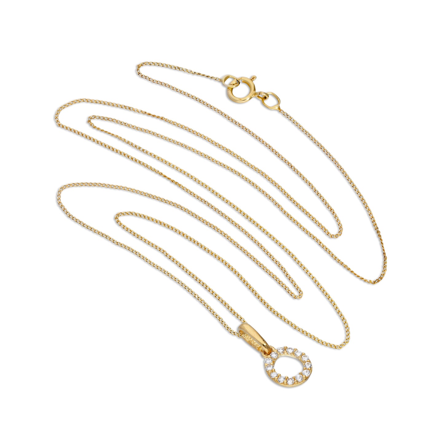 9ct Gold & Clear CZ Crystal Hanging Script Alphabet Letter O Pendant on 16 - 20 Inches Chain