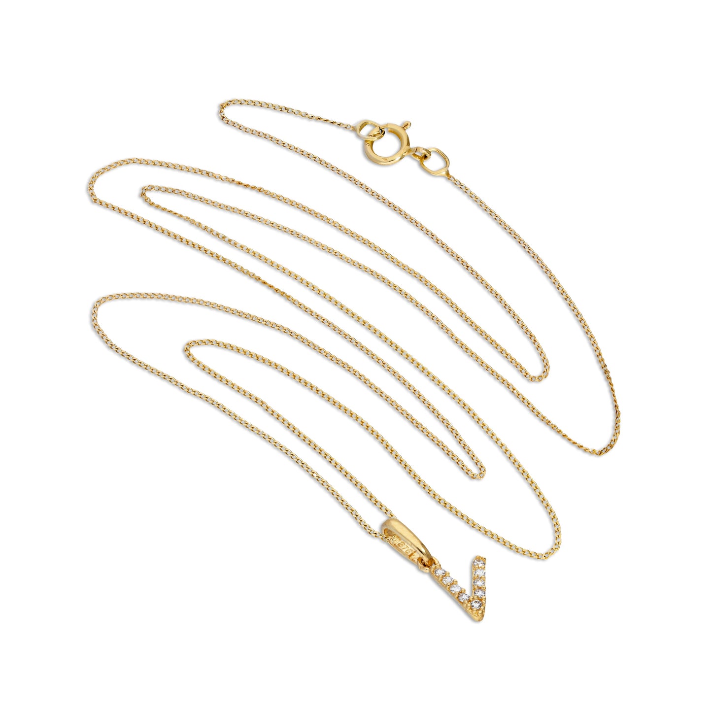 9ct Gold & Clear CZ Crystal Hanging Script Alphabet Letter V Pendant on 16 - 20 Inches Chain