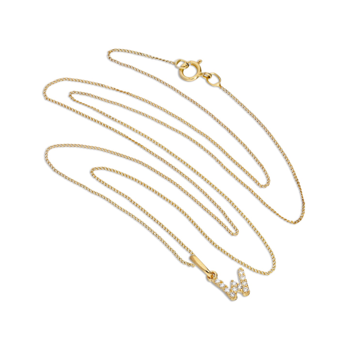9ct Gold & Clear CZ Crystal Hanging Script Alphabet Letter W Pendant on 16 - 20 Inches Chain