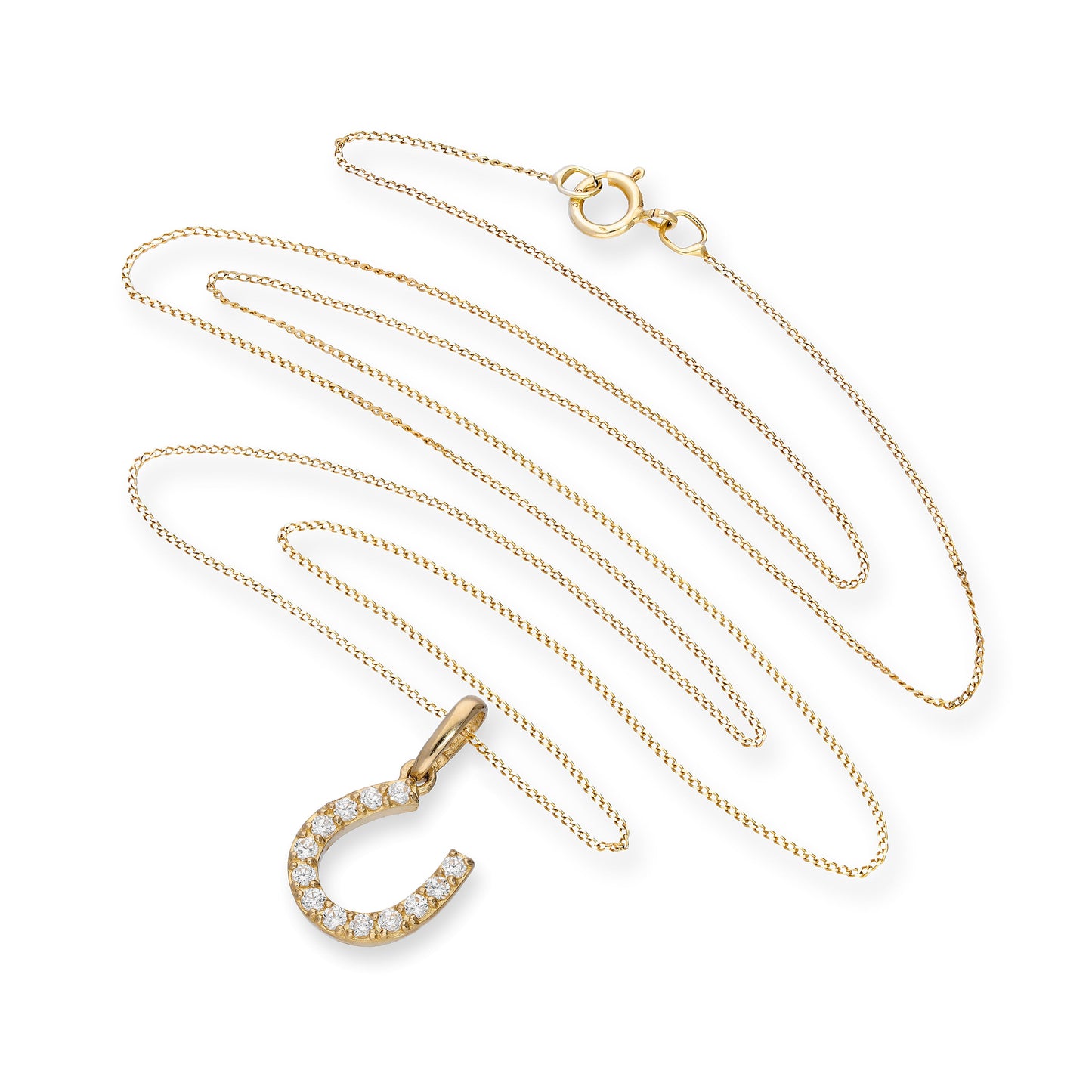 9ct Gold & Clear CZ Crystal Horseshoe Pendant Necklace