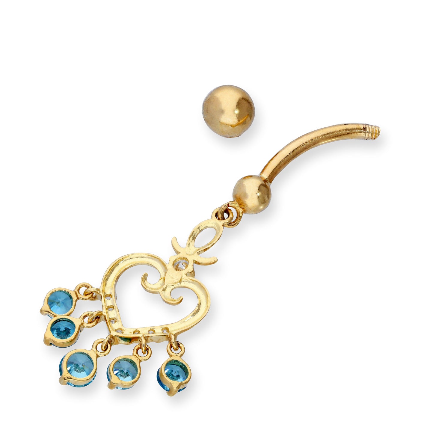 9ct Gold & CZ Crystal Hanging Pretty Heart Ball End Belly Bar