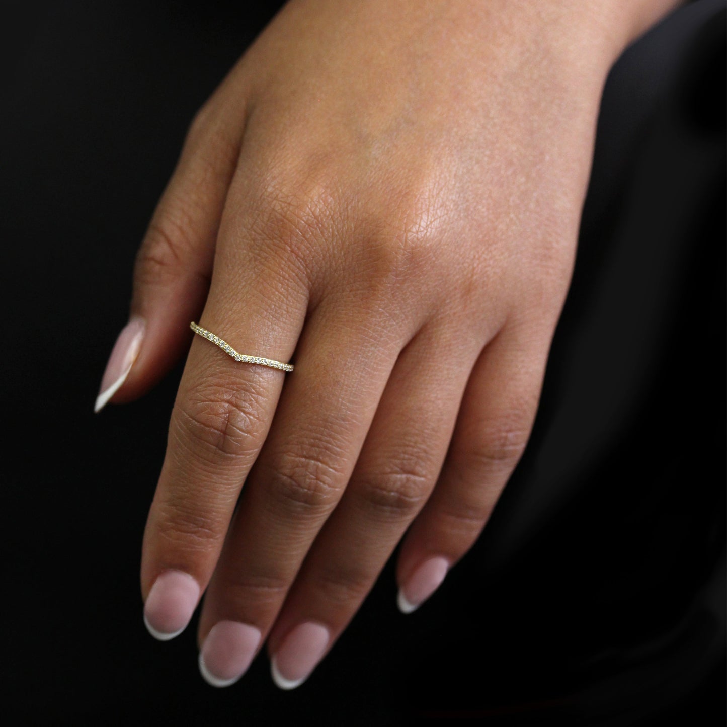 9ct Gold & Clear CZ Crystal Wishbone Half Eternity Stacking Ring Size I-U