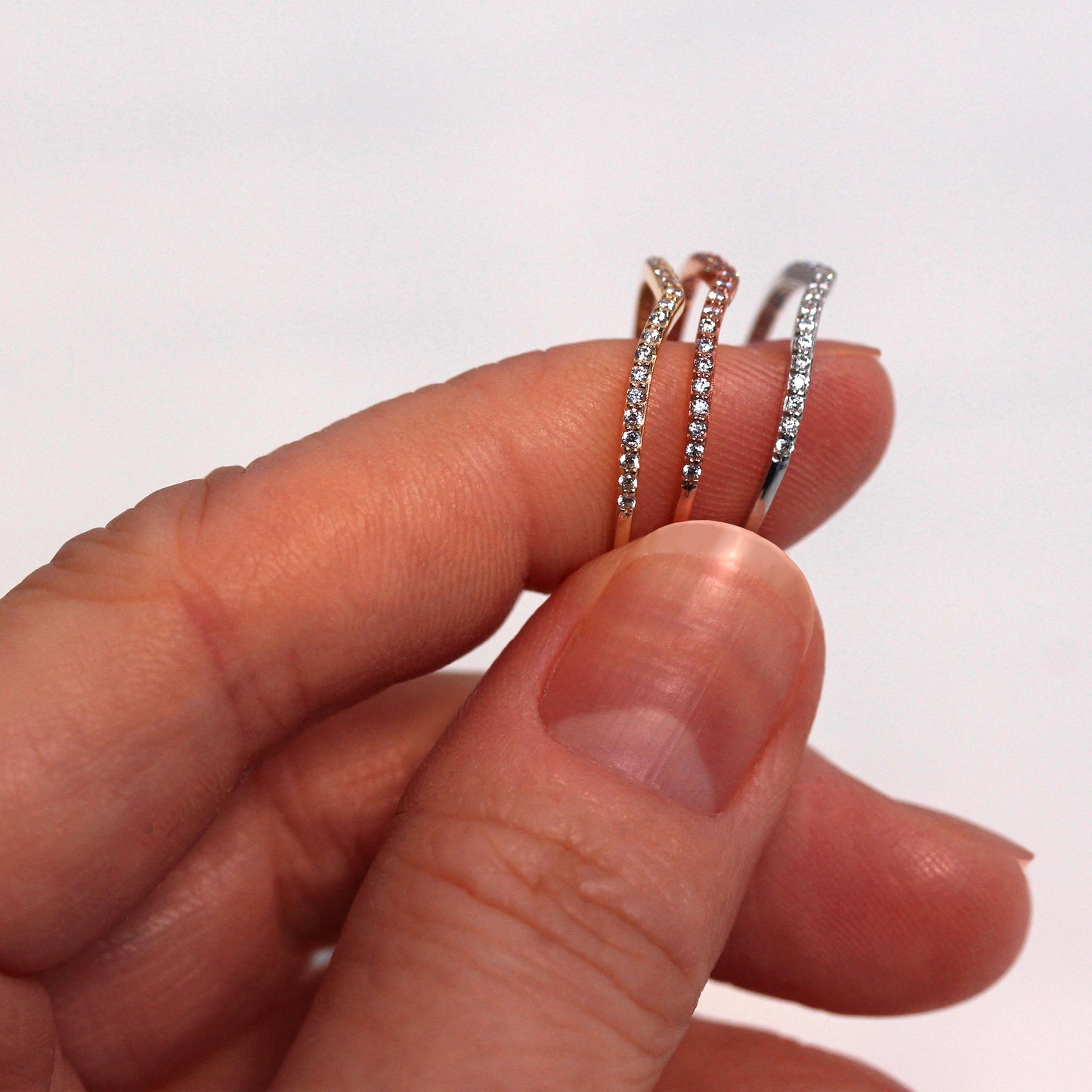 9ct White Gold & Clear CZ Crystal Wishbone Half Eternity Stacking Ring Size I-U