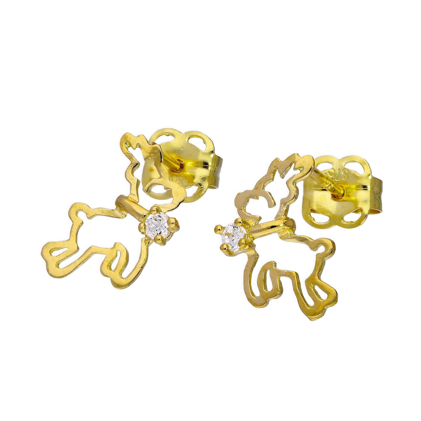 9ct Gold & Clear CZ Crystal Flying Reindeer Outline Stud Earrings