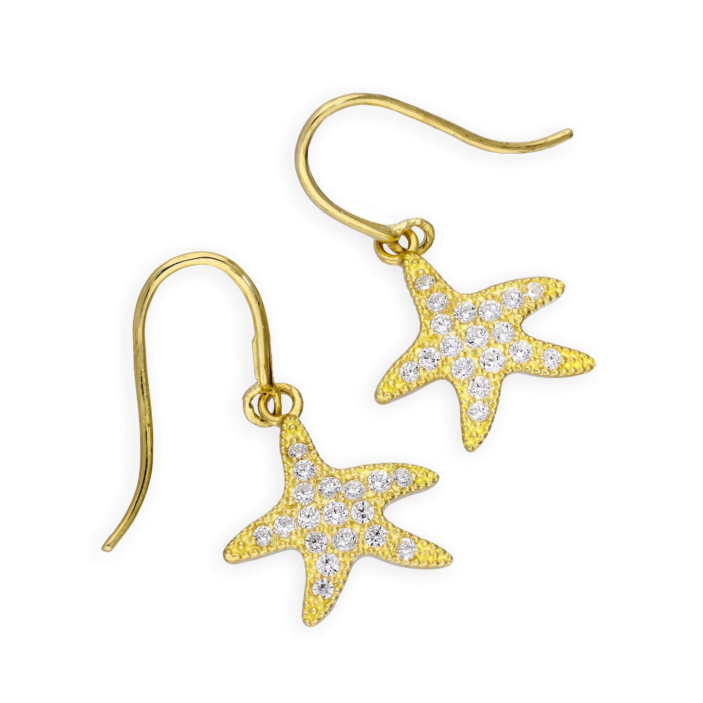 9ct Gold & Clear CZ Crystal Starfish Drop Dangle Earrings