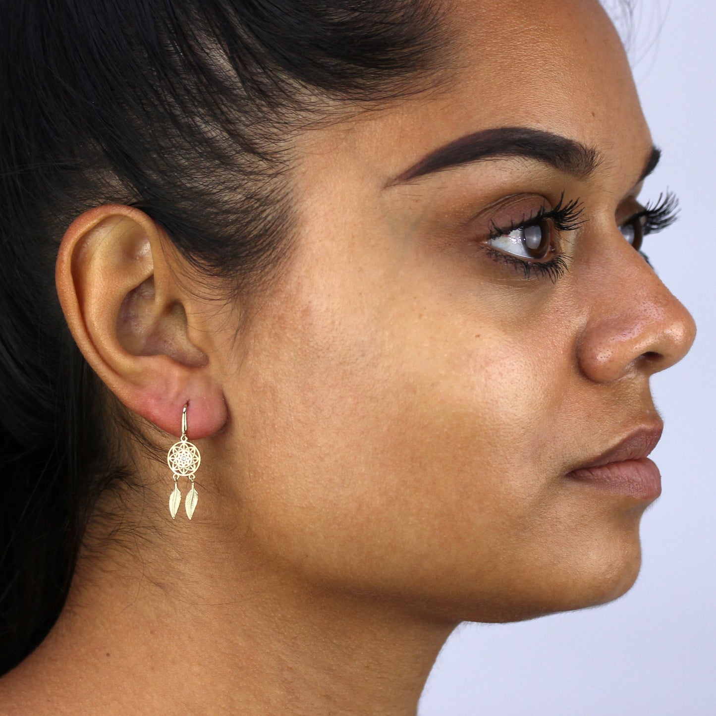 9ct Gold & Clear CZ Crystal Dreamcatcher Dangle Earrings