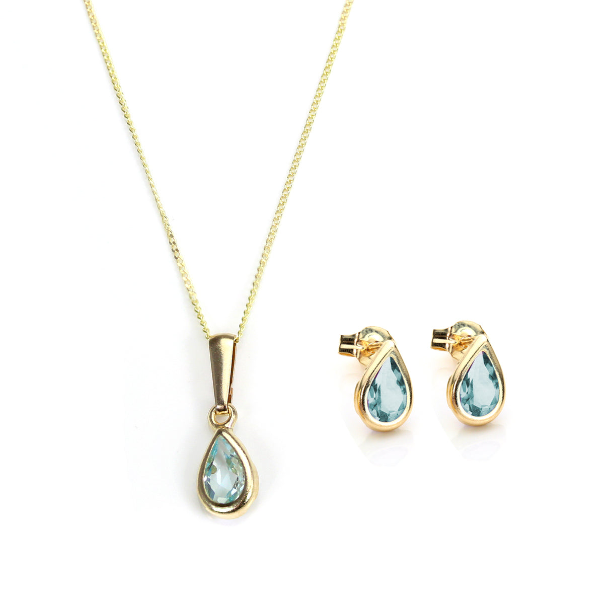 9ct Gold & March Birthstone Pendant & Stud Earrings Set