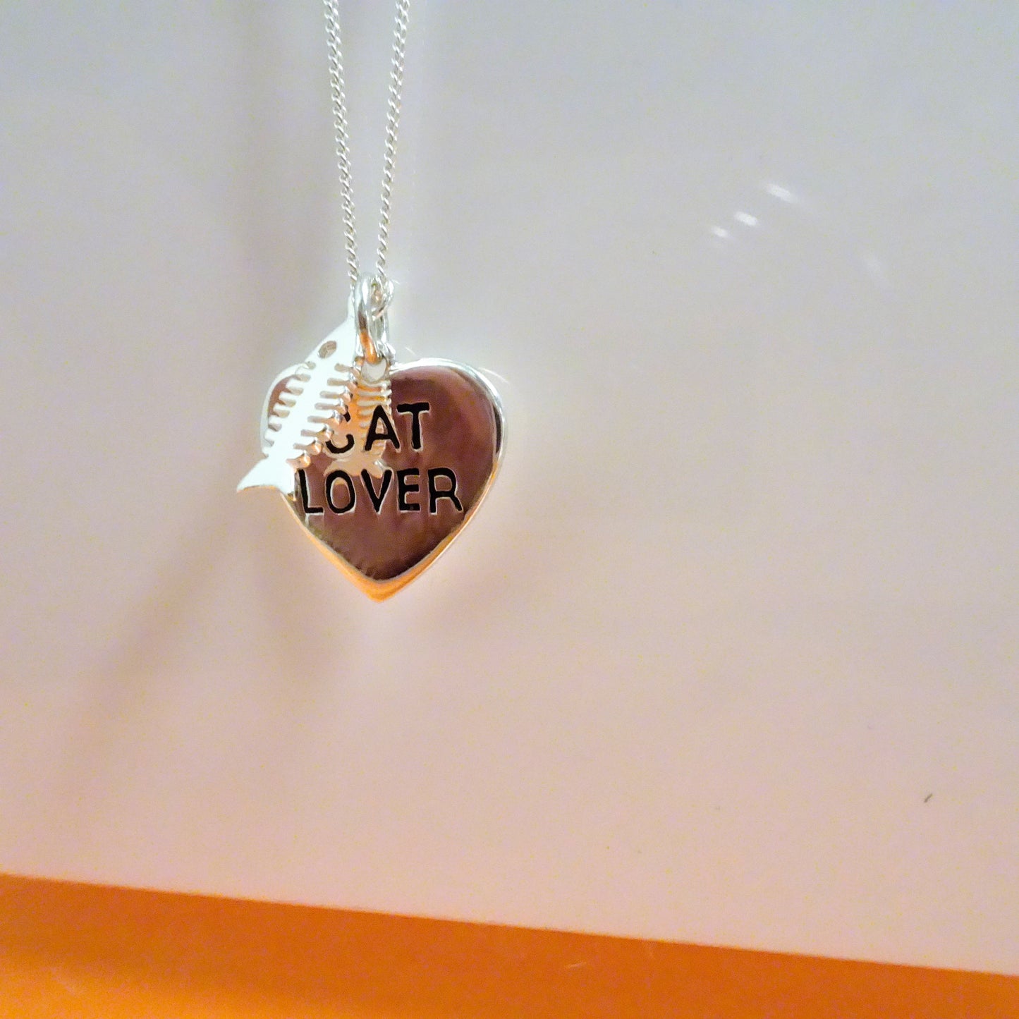 Sterling Silver Cat Lover Heart & Fish Bone Necklace