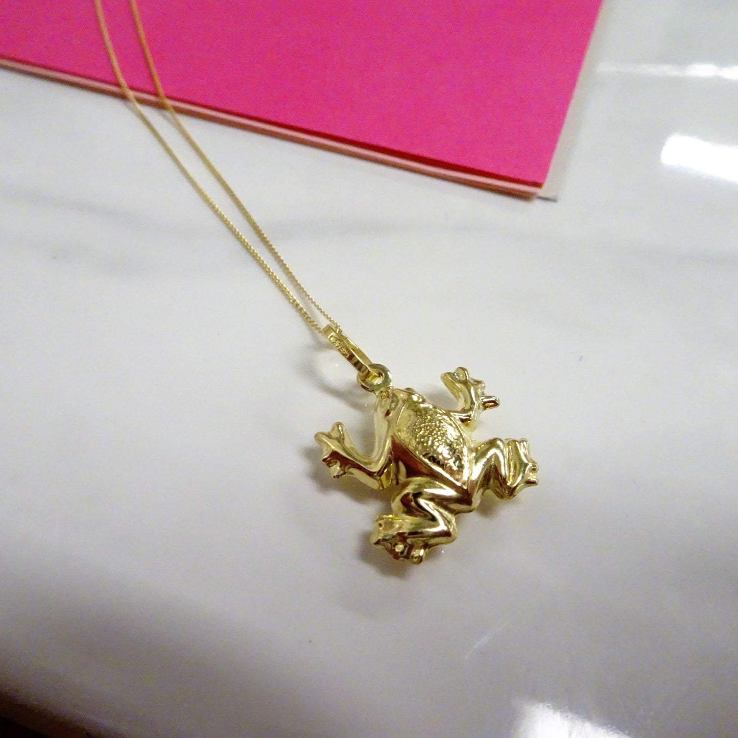 9ct Hollow Gold Frog Necklace - 18 Inch Chain