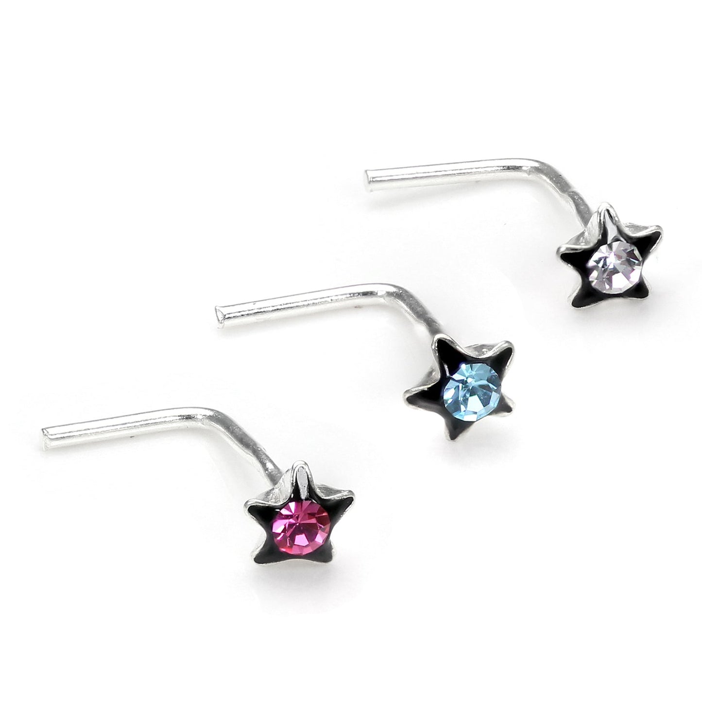 Sterling Silver Crystal Star L Shaped Nose Stud Set