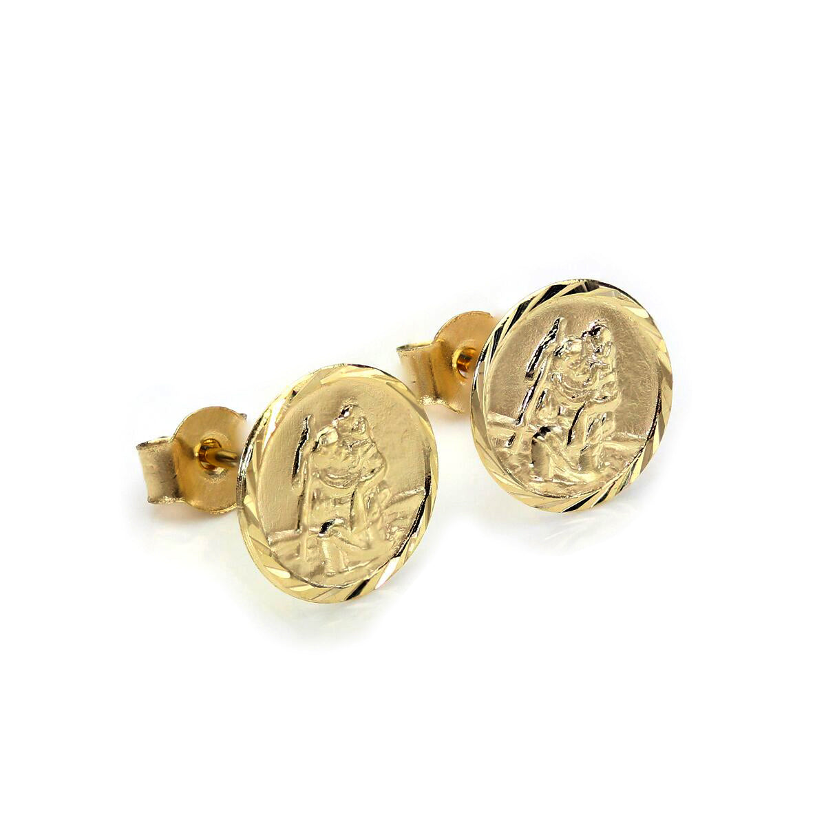 9ct Yellow Gold St Christopher Diamond Cut Stud Earrings
