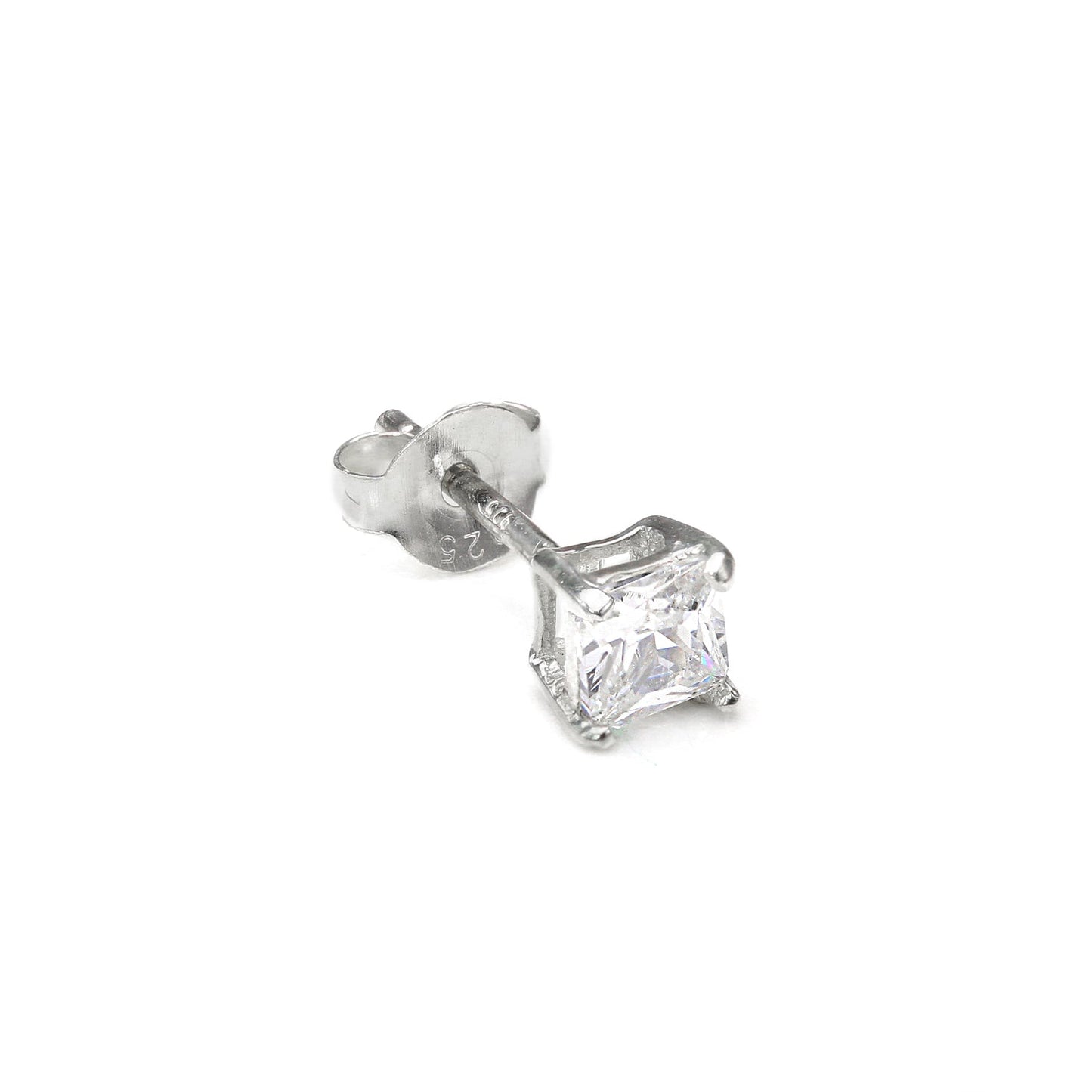 Sterling Silver Square CZ Crystal Mens Single Ear Stud - 4 -10mm