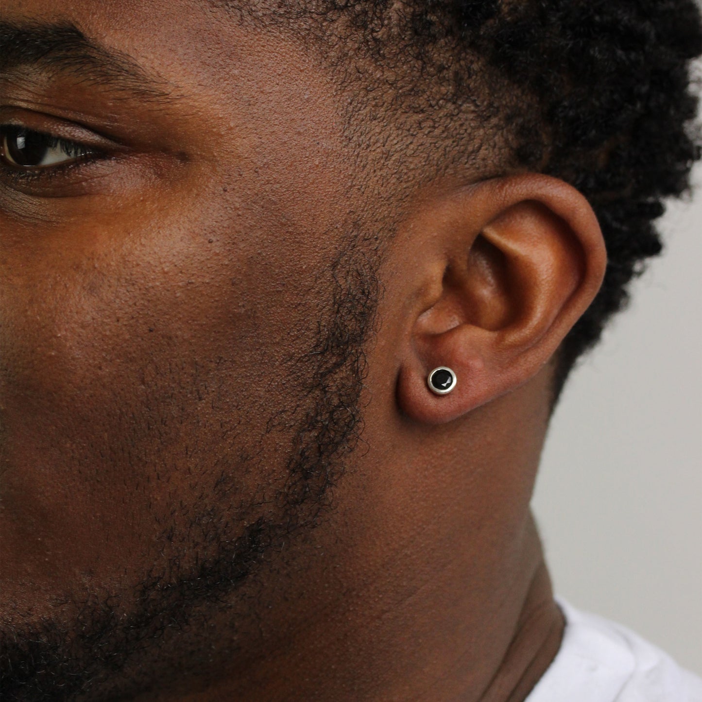 Sterling Silver 7mm Round Black CZ Crystal Rubover Mens Ear Stud