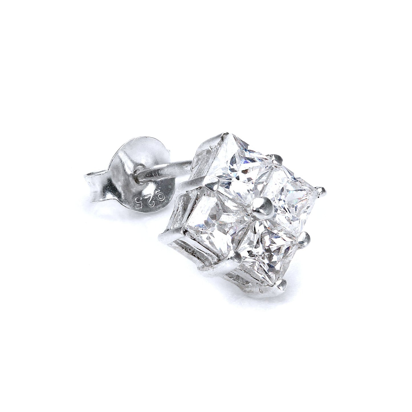Sterling Silver Quad Clear 6mm CZ Crystal Mens Ear Stud