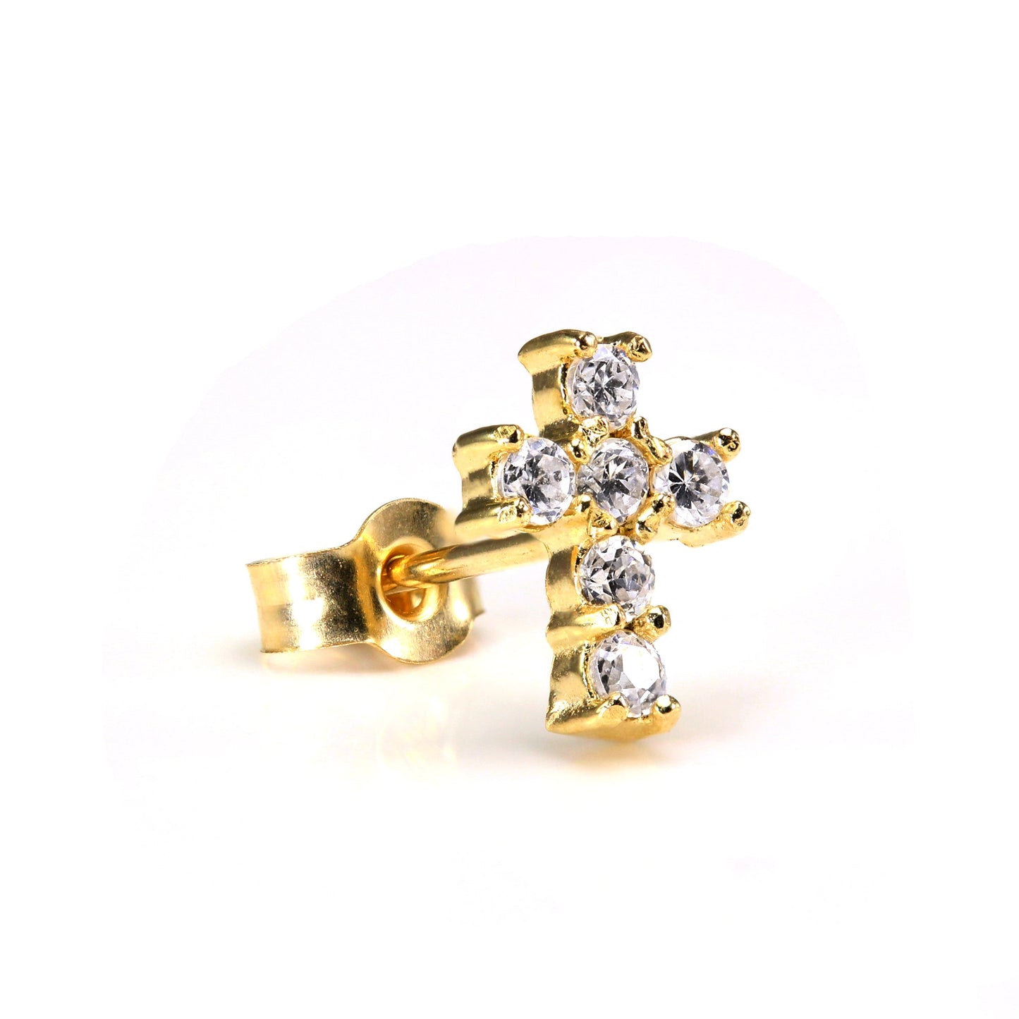 Small 9ct Gold & CZ Crystal Encrusted Mens Cross Ear Stud Earring