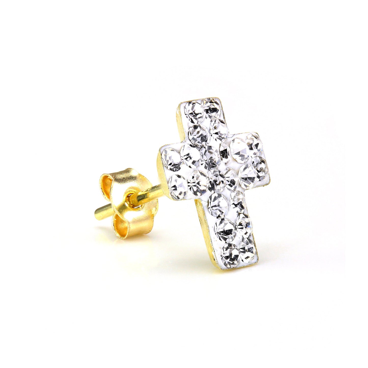 9ct Gold & CZ Crystal Encrusted Mens Single Cross Ear Stud Earring