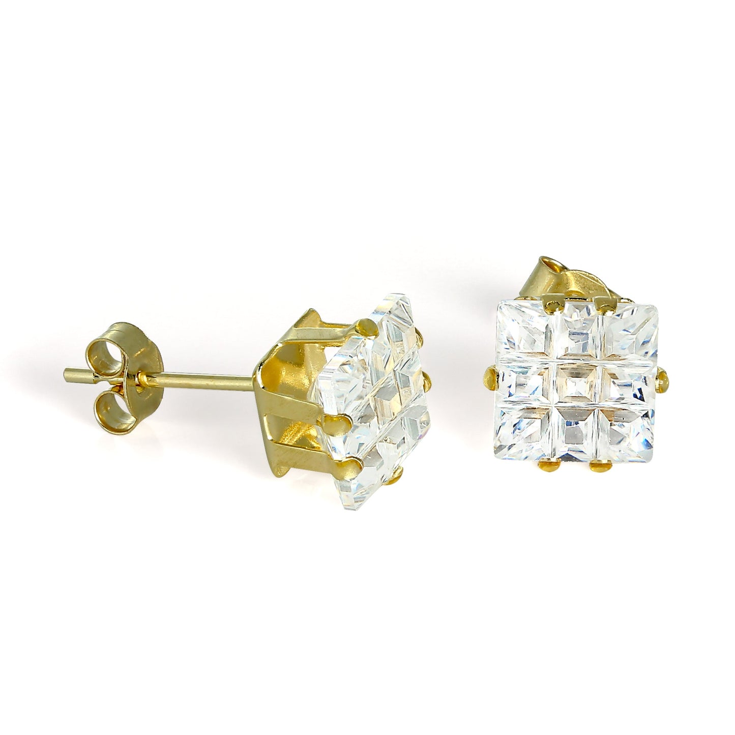 9ct Gold & 7mm Square CZ Crystal Stud Earrings