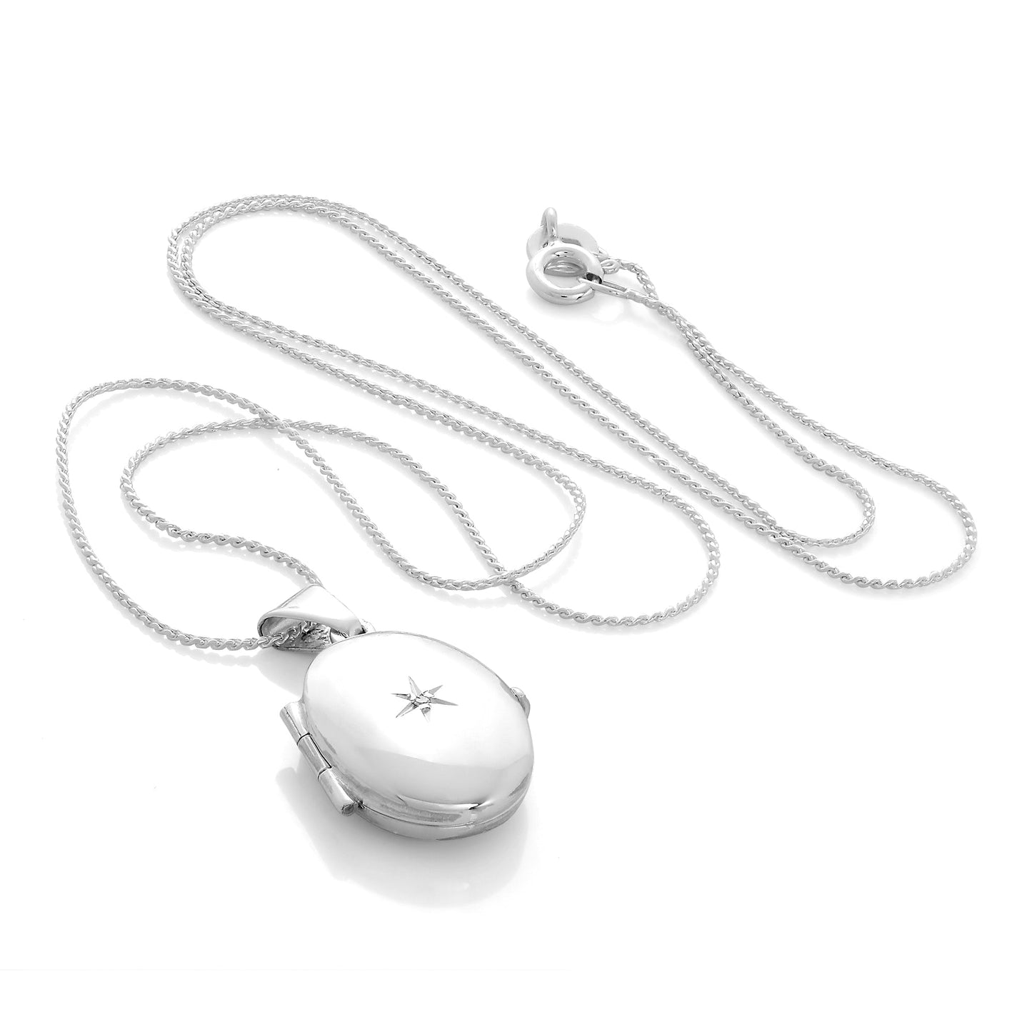 Small Sterling Silver Oval Locket with Diamond on Chain