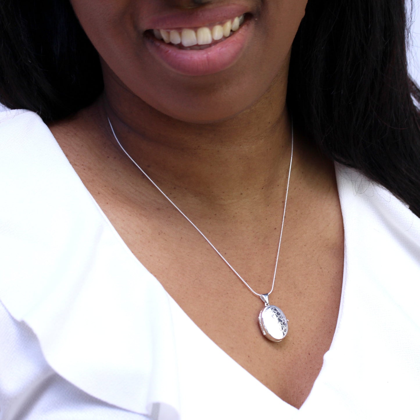 Sterling Silver Engraved Oval 4 Photo Family Locket on Chain