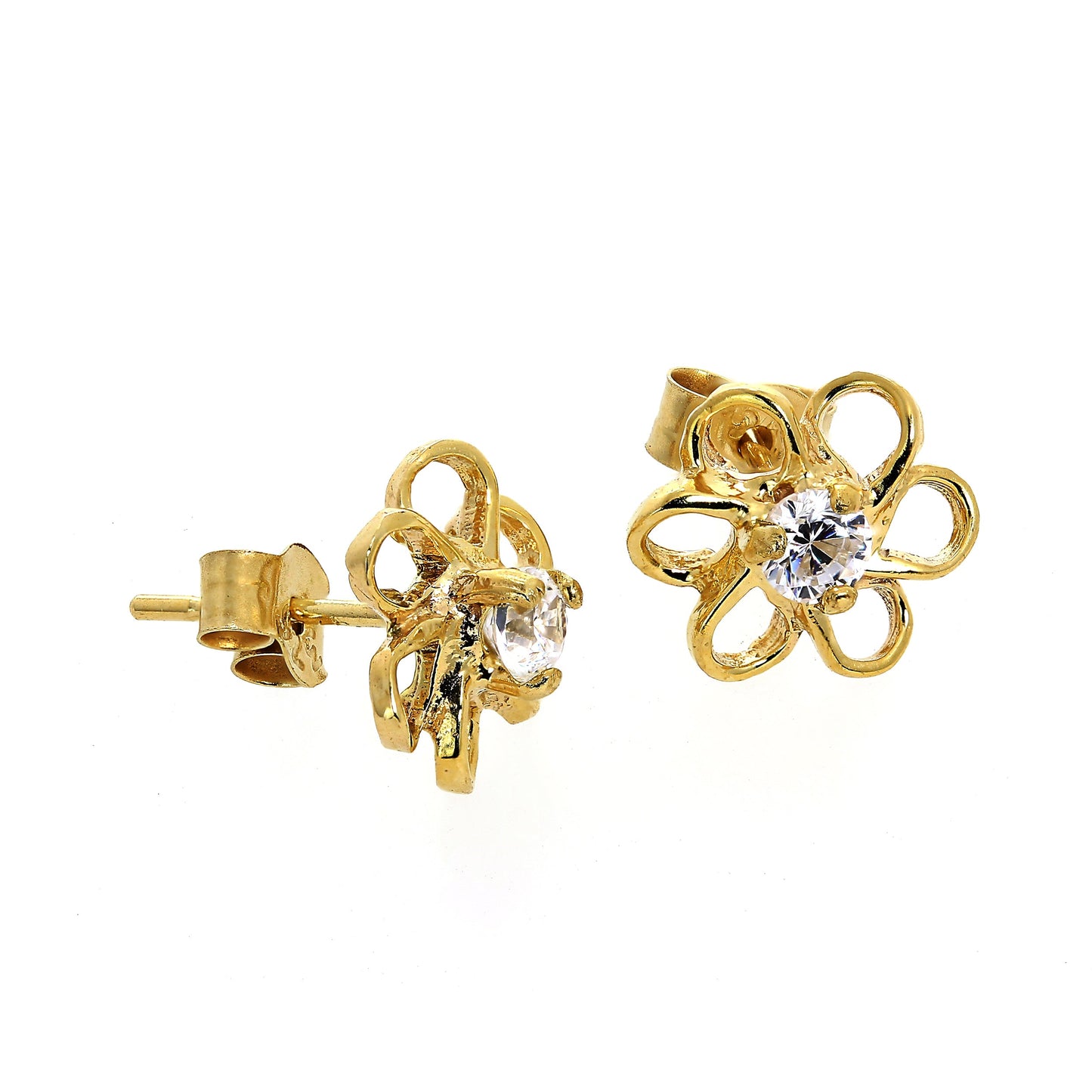 9ct Gold & CZ Crystal Open Flower Stud Earrings