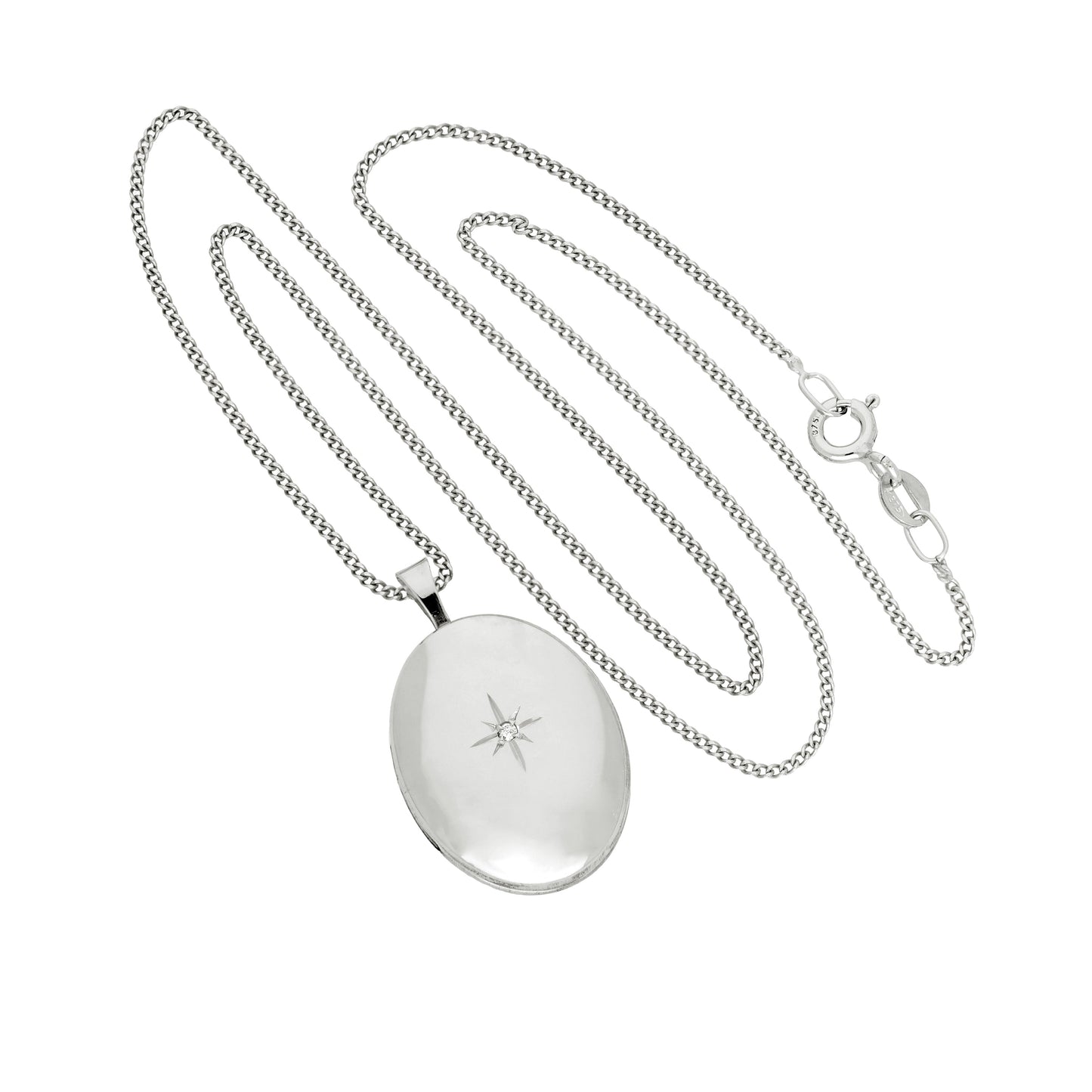 9ct White Gold & Diamond Oval Locket with Shining Star Design 16 - 18 Inches