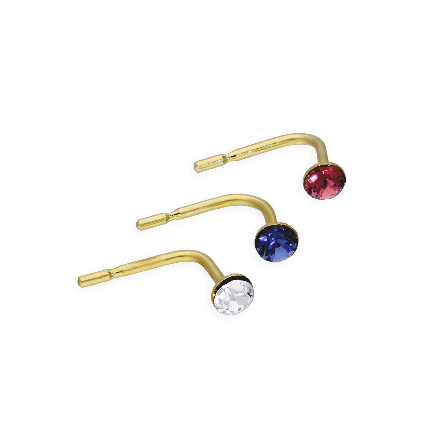 Set of 3 9ct Gold & Coloured CZ Crystal 22Ga Nose Studs Dark Pink Blue Clear