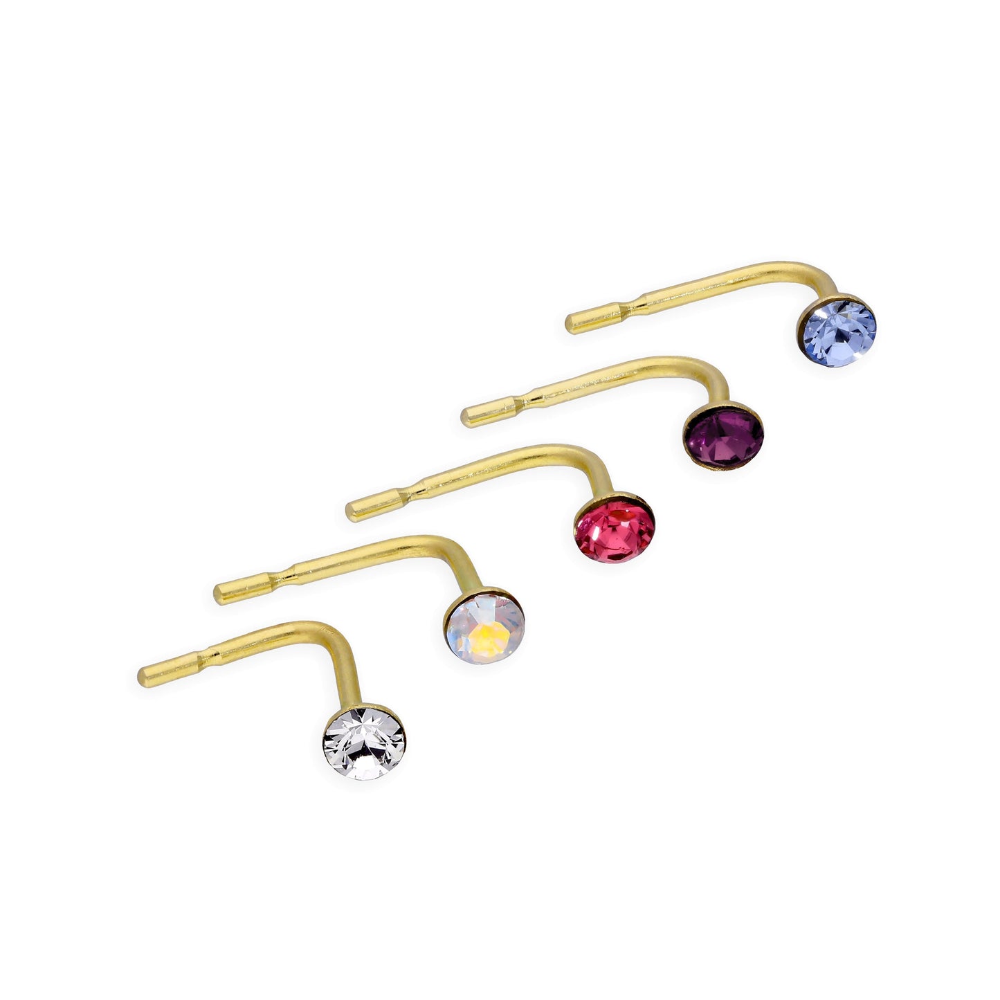 Set of 5 9ct Gold & CZ Crystal 22Ga Nose Studs Pink Purple Blue Clear Rainbow