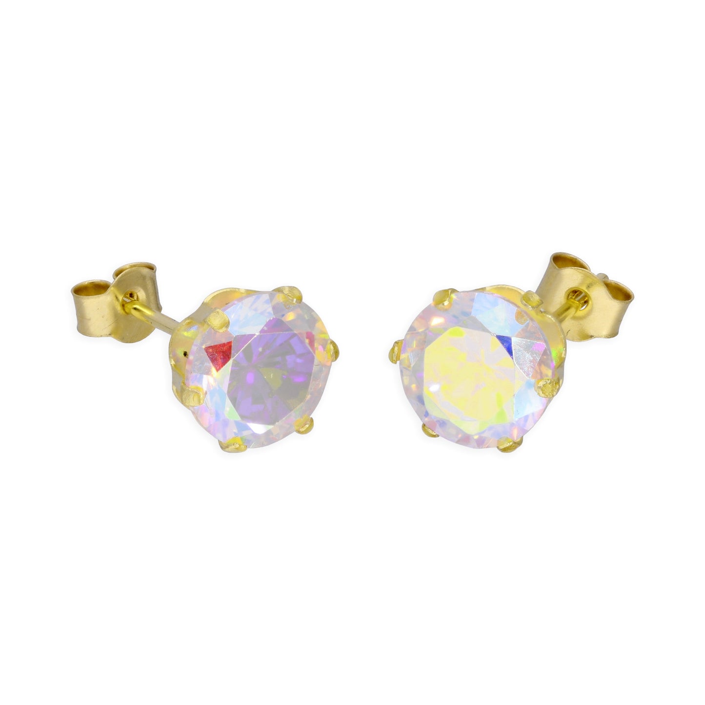 9ct Yellow Gold & Aurora Borealis CZ Crystal Stud Earrings 4mm - 6mm