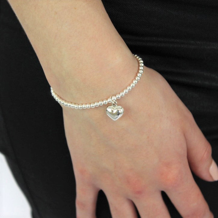 Sterling Silver Stretchy Beaded Heart Charm Bracelet