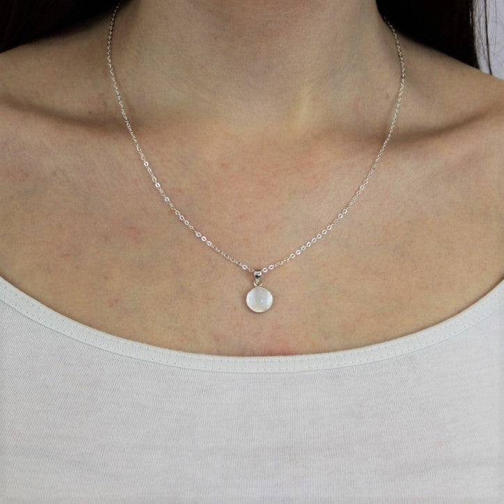 Sterling Silver & Mother of Pearl 10mm Flat Round Pendant Necklace