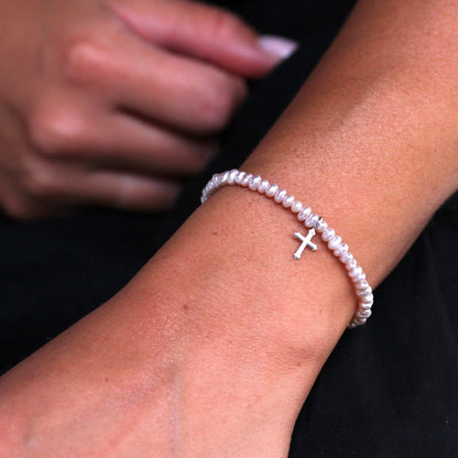 Sterling Silver and Pink Freshwater Pearl Adjustable Bracelet with Cross