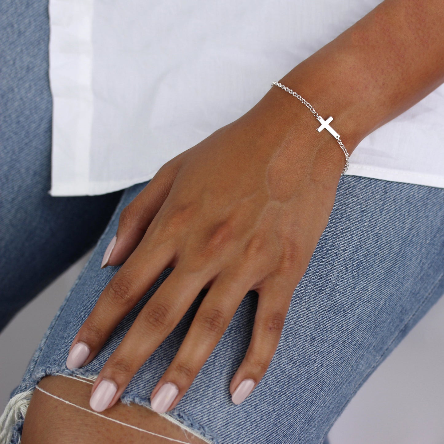 Sterling Silver Rolo Chain Adjustable Bracelet with Cross Charm