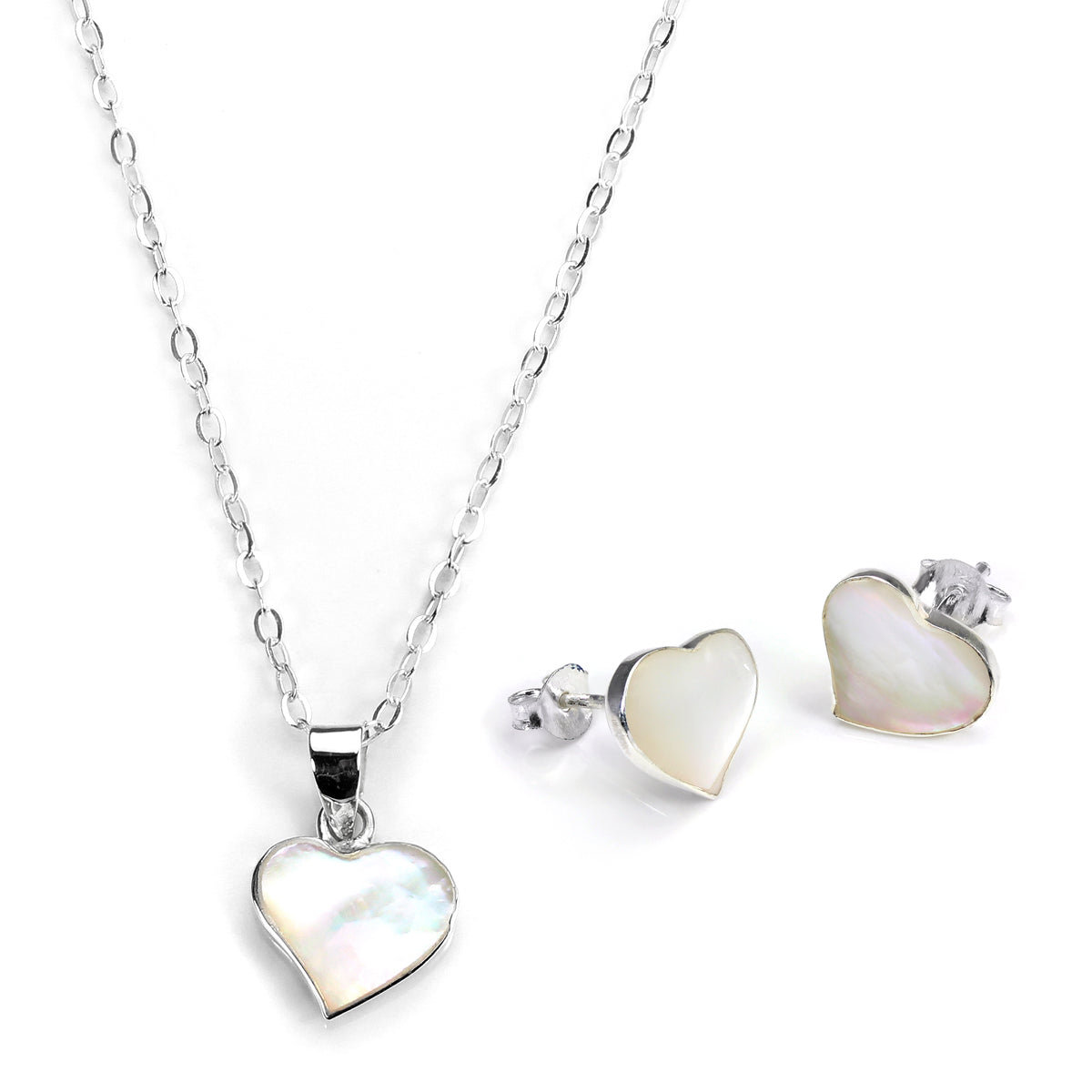 Sterling Silver & Mother of Pearl Heart Earrings & Pendant Set