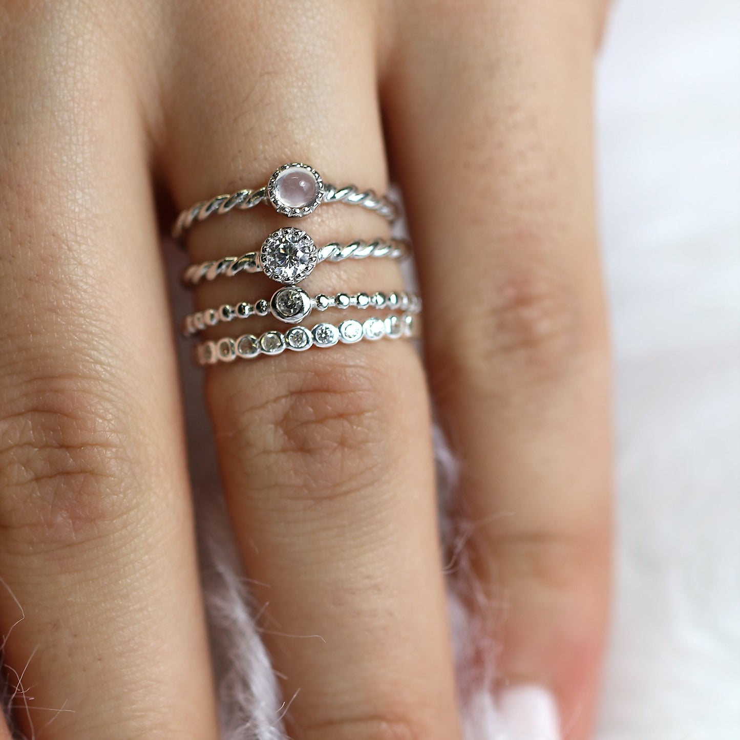 Sterling Silver Clear Twisted & Beaded CZ Stacking Rings Set