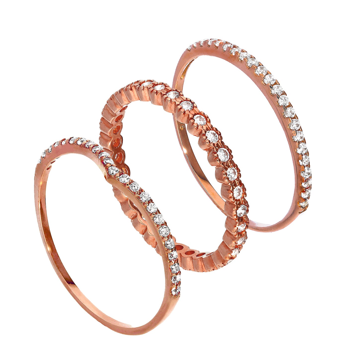 9ct Rose Gold Wishbone & Eternity CZ Sparkle Stacking Rings Set