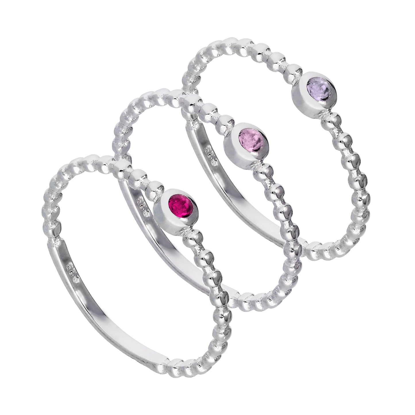 Sterling Silver Pink Beaded CZ Stacking Rings Set