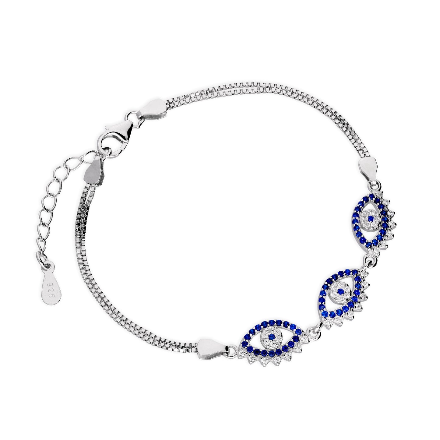 Sterling Silver & CZ Crystal Triple Evil Eye Bracelet